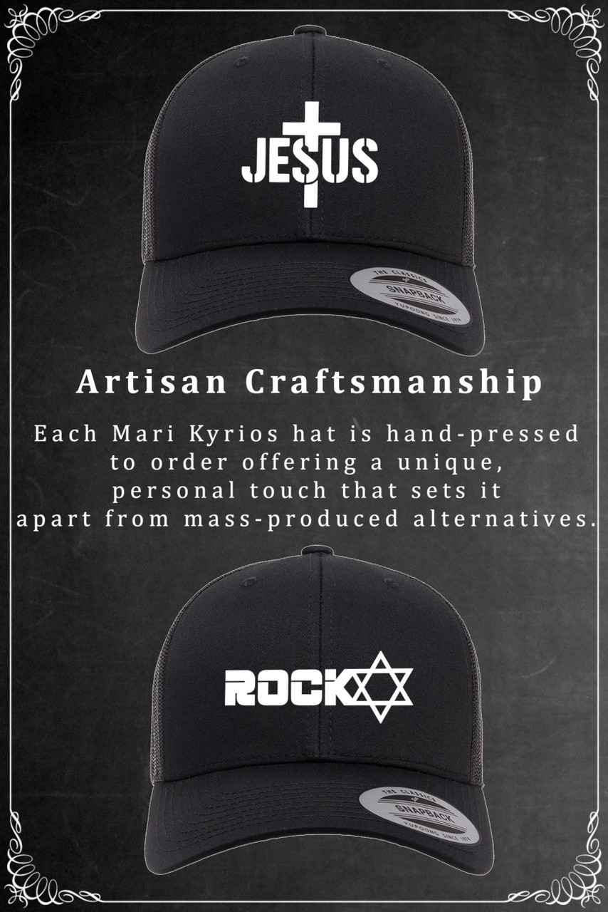 Christian Hat 3 Nail Cross Heart Side Flocked Heat Pressed Flexfit Black Flat Bill Hat - Adult Stretch Cap