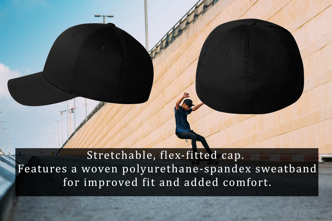 Back and Side view of the Jesus Hat Christian Cross Flocked Heat Pressed Flexfit Black Curve Bill Hat