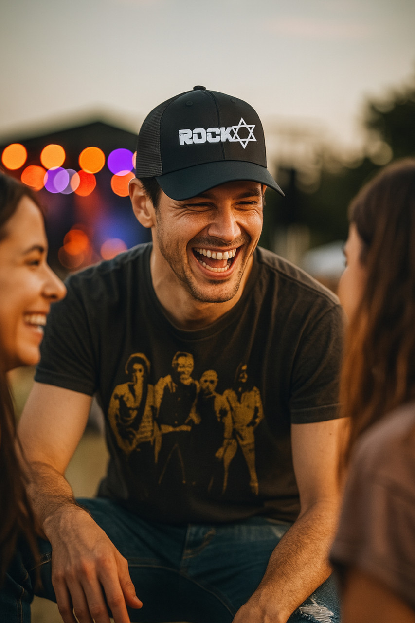 Rock Star of David Jewish Flocked Heat Pressed Black on White Curved Bill Hat - Mesh Trucker Snap Back Cap