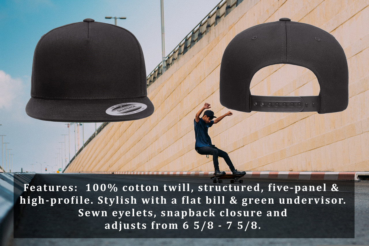 Back and Side view of the Christian Hat 3 Nail Cross Center Flocked Heat Pressed Flat Bill Hat