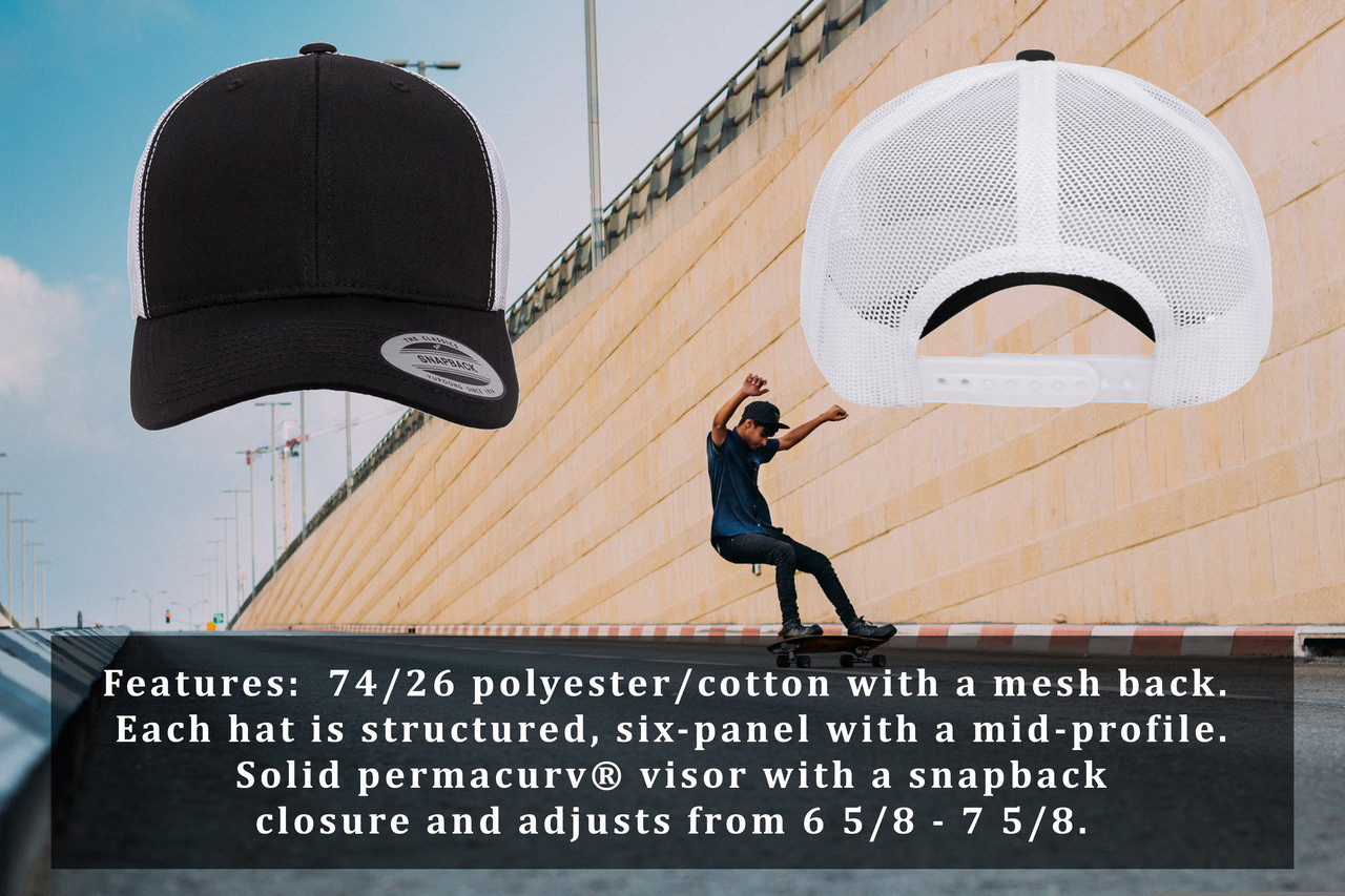 Back and Side view of the Christian Hat 3 Nail Cross Center Flocked Heat Pressed Black on White Curved Bill Hat