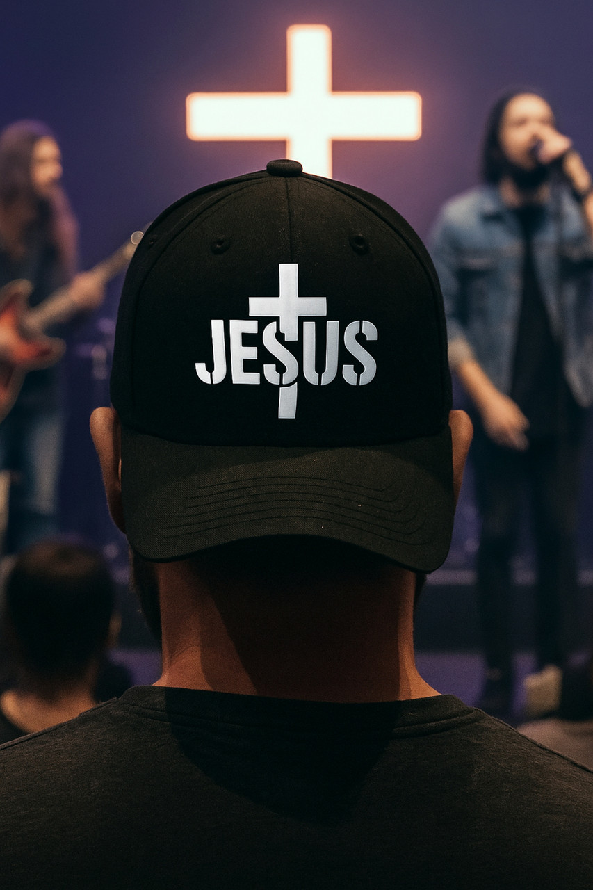 Christian Hat 3 Nail Cross Center Flocked Heat Pressed Grey on White Curved Bill Hat - Mesh Trucker Snap Back Cap