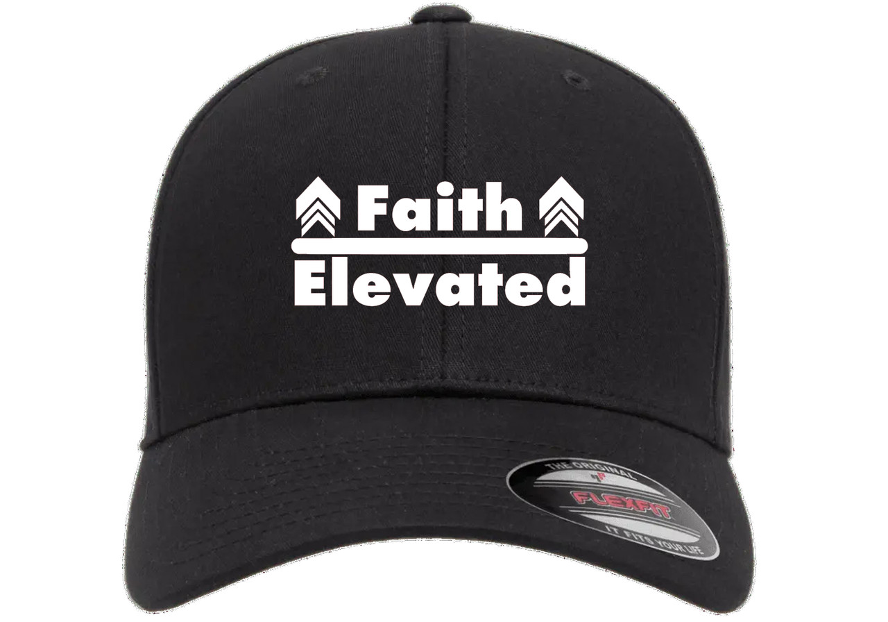 Faith Elevated Christian Heat Pressed Black Curve Bill Hat - Adult Stretch Cap
