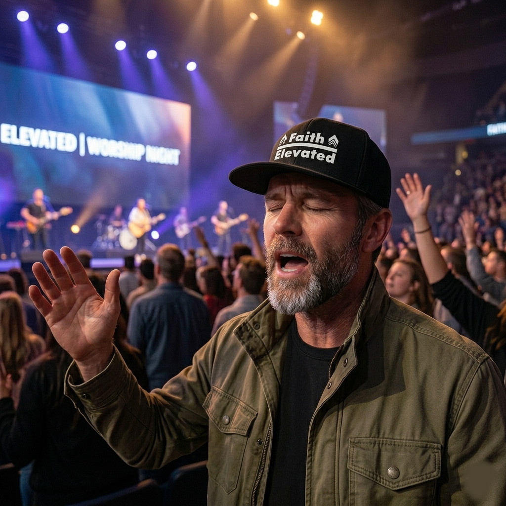 Man at Christian Revival concert wearing the faith elevated hat