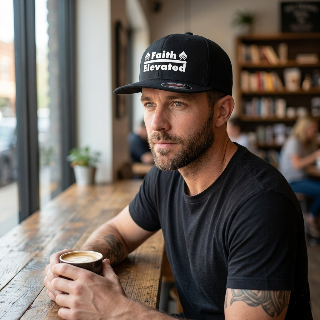 man in coffee shop wearing faith elevated hat