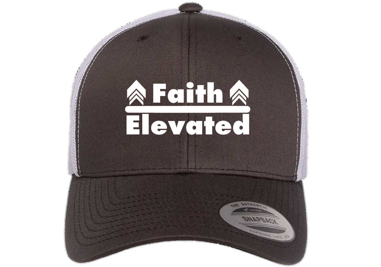 Faith Elevated Christian Heat Pressed Grey on White Curved Bill Hat - Mesh Trucker Snapback Cap