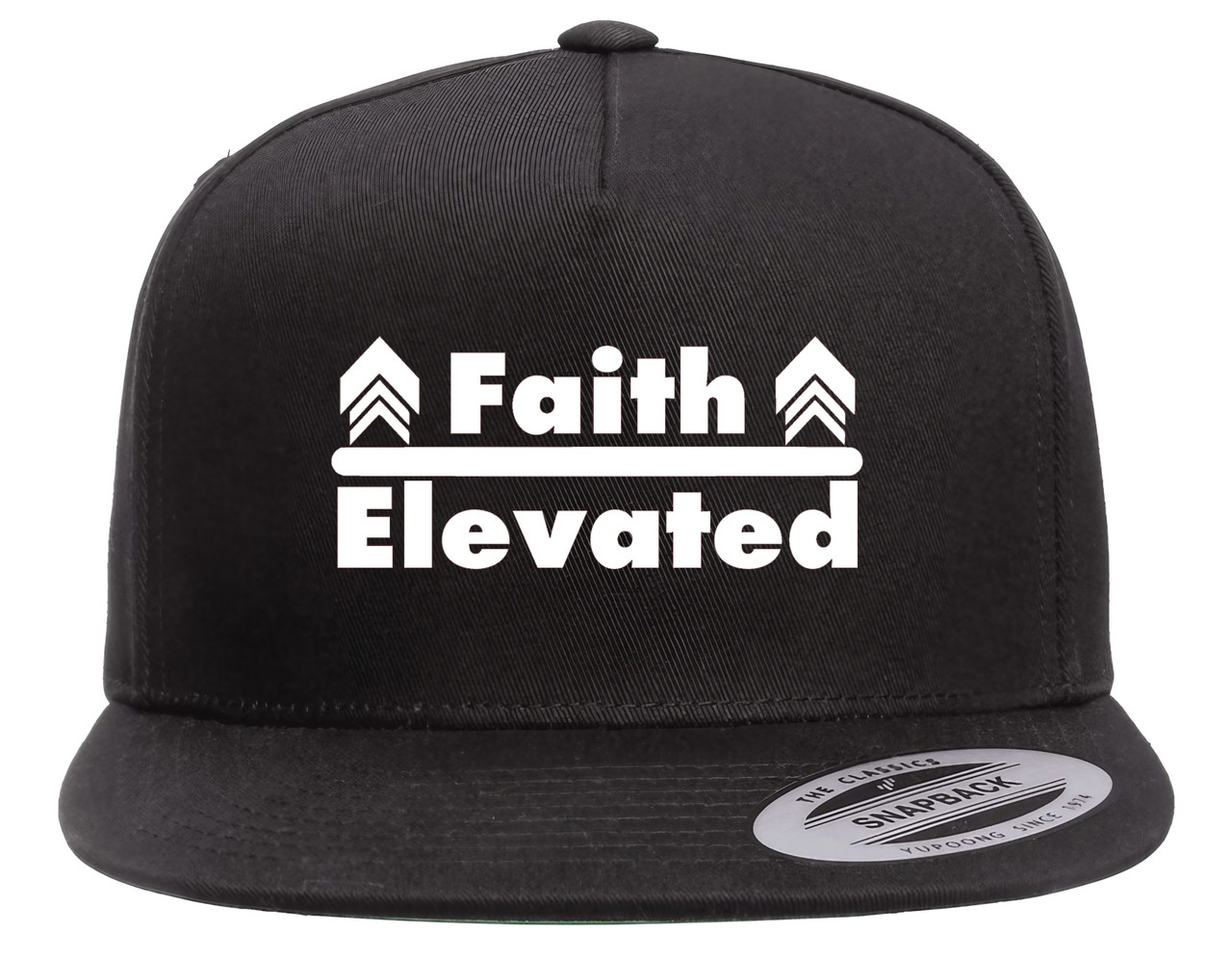 Faith Elevated Christian Heat Pressed Flat Bill Hat - Black Twill Snapback Adjustable Cap