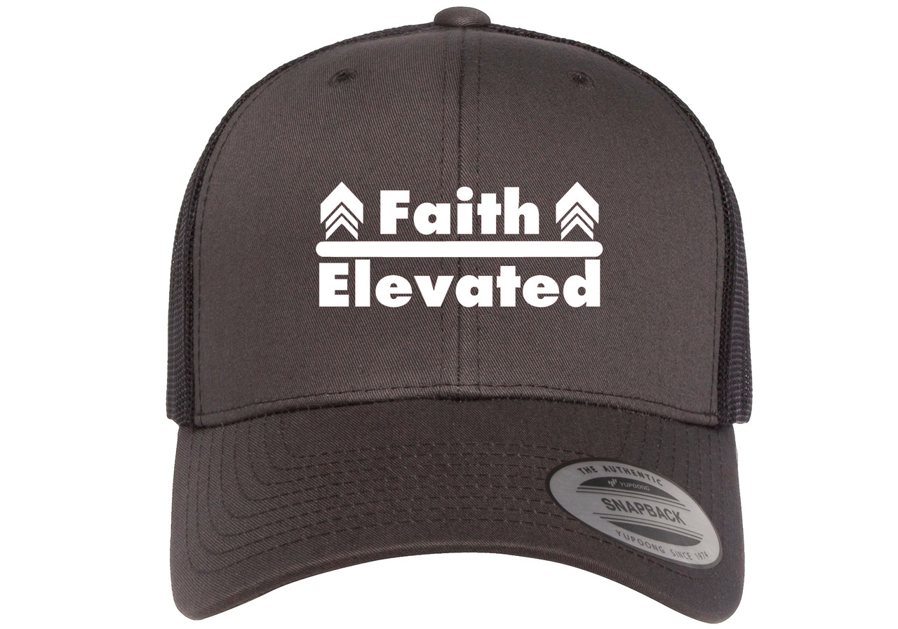 Faith Elevated Christian Heat Pressed Grey on Black Curved Bill Hat - Mesh Trucker Snapback Cap