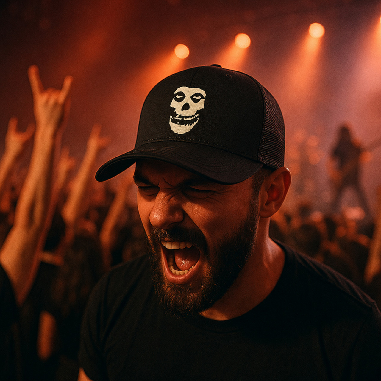 man at concert singing with Mari kyrios misfits skull hat