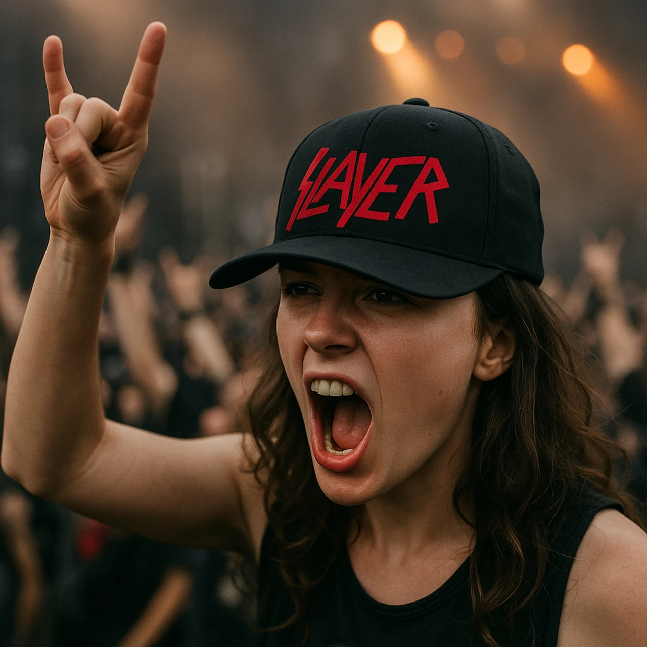 woman at concert singing with Mari kyrios slayer thrash hat