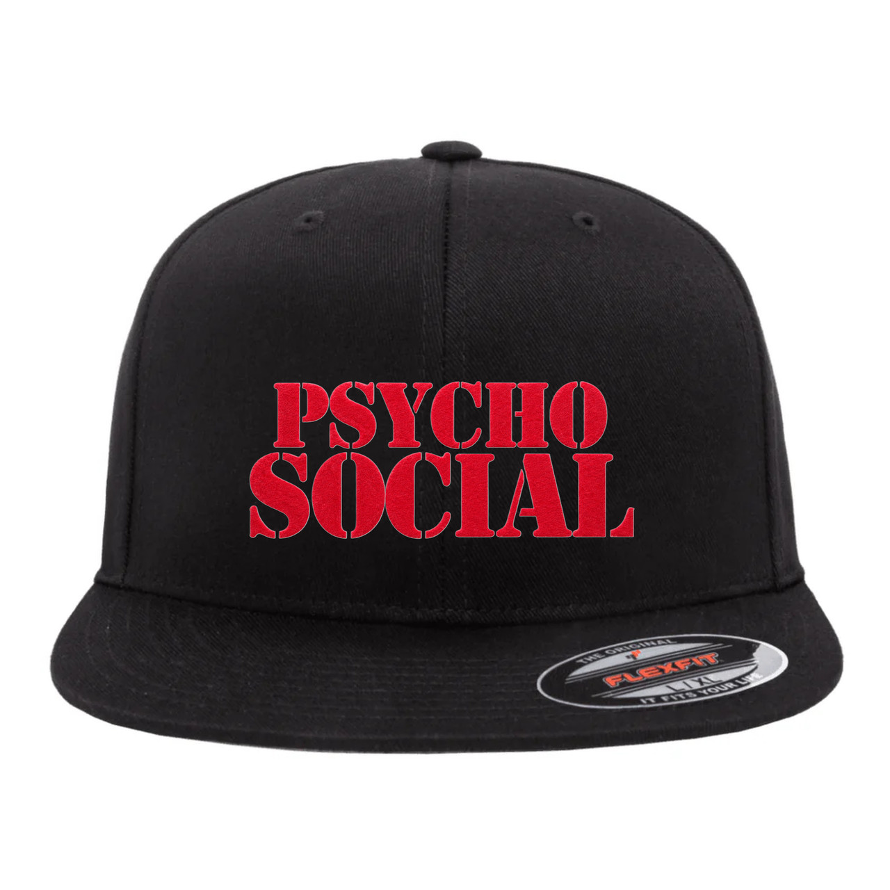 PsychoSocial Red Heat Pressed Slipknot Black Flat Bill Hat - Adult Flexfit Stretch Cap