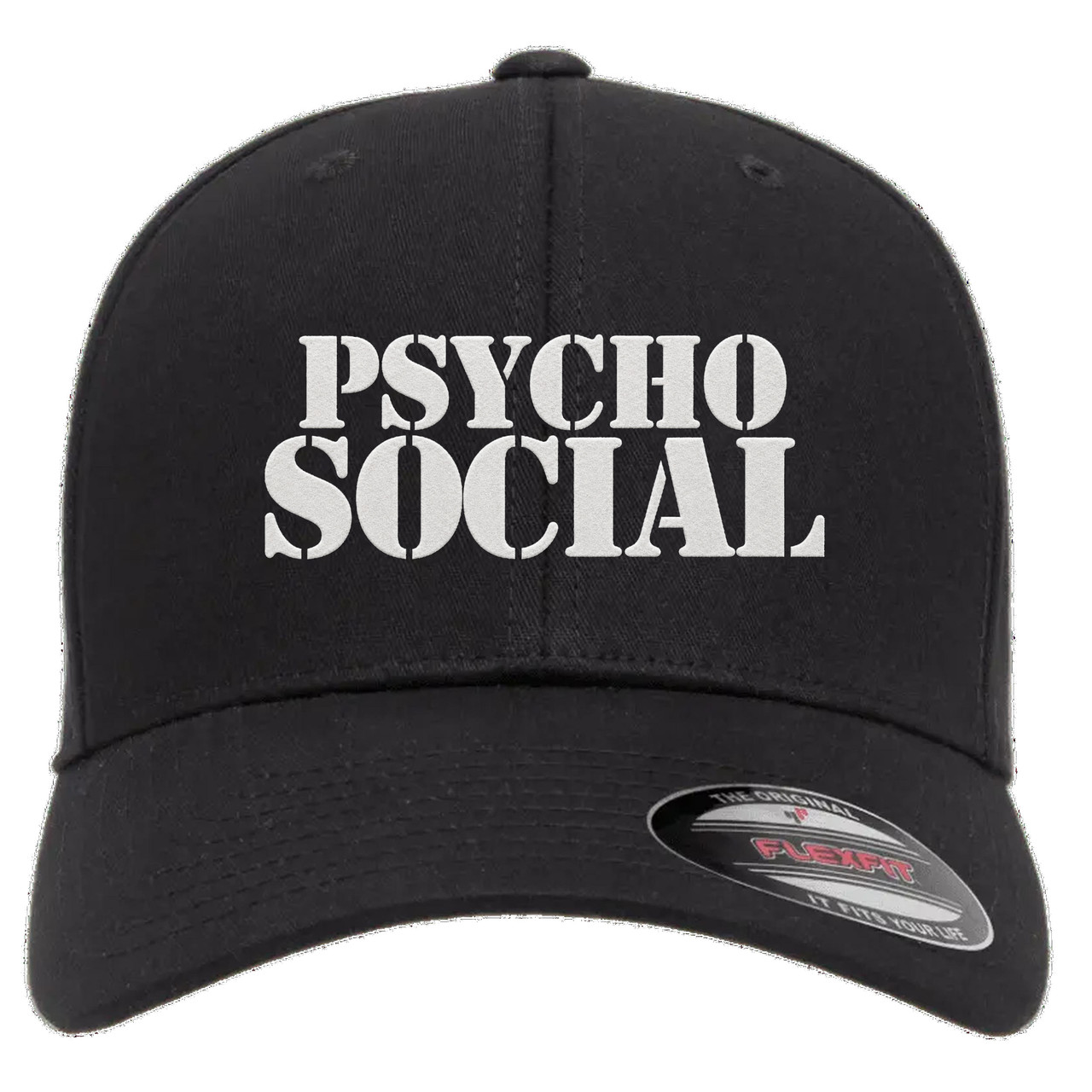 PsychoSocial White Heat Pressed Slipknot Black Curved Bill Hat - Adult Flexfit Stretch Cap