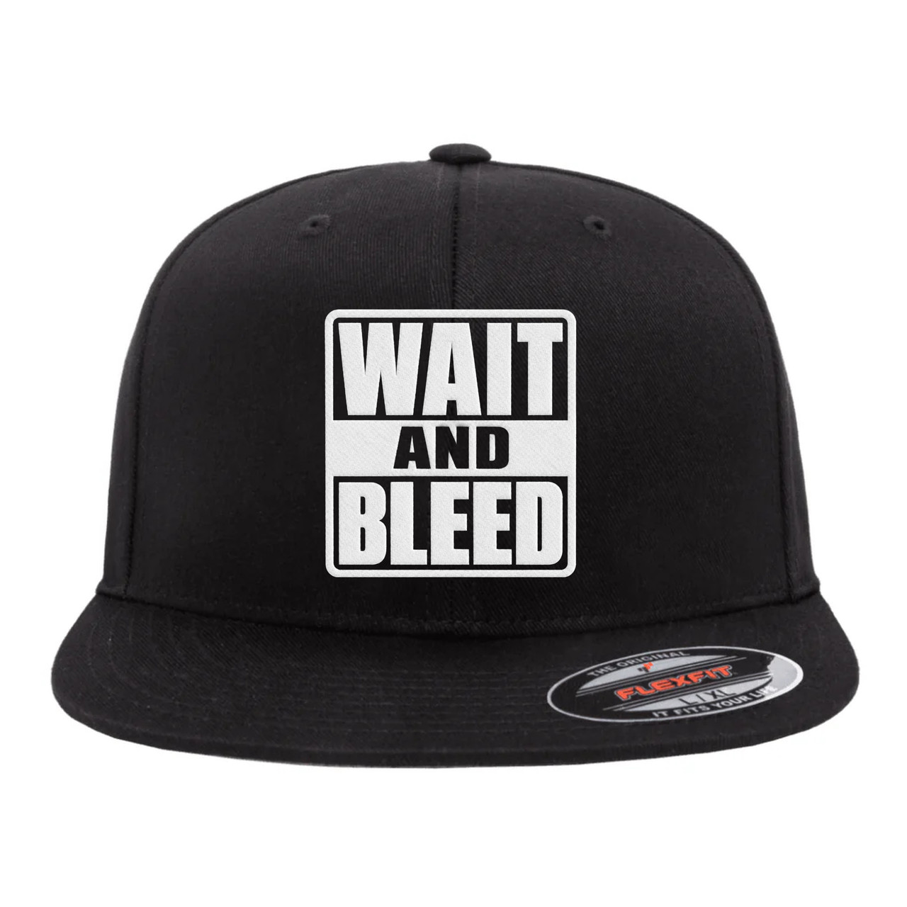 Wait and Bleed White Heat Pressed Slipknot Black Flat Bill Hat - Adult Flexfit Stretch Cap
