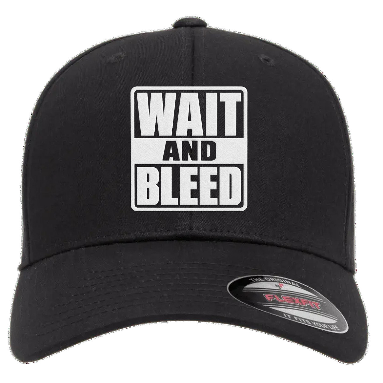 Wait and Bleed White Heat Pressed Slipknot Black Curved Bill Hat - Adult Flexfit Stretch Cap