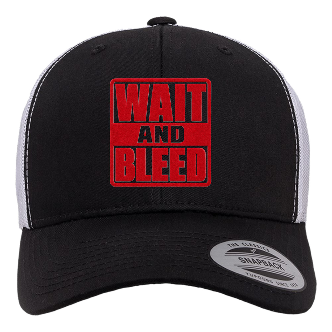 Wait and Bleed Red Heat Pressed Slipknot Black on White Curved Bill Hat - Adult Mesh Trucker Snapback Cap