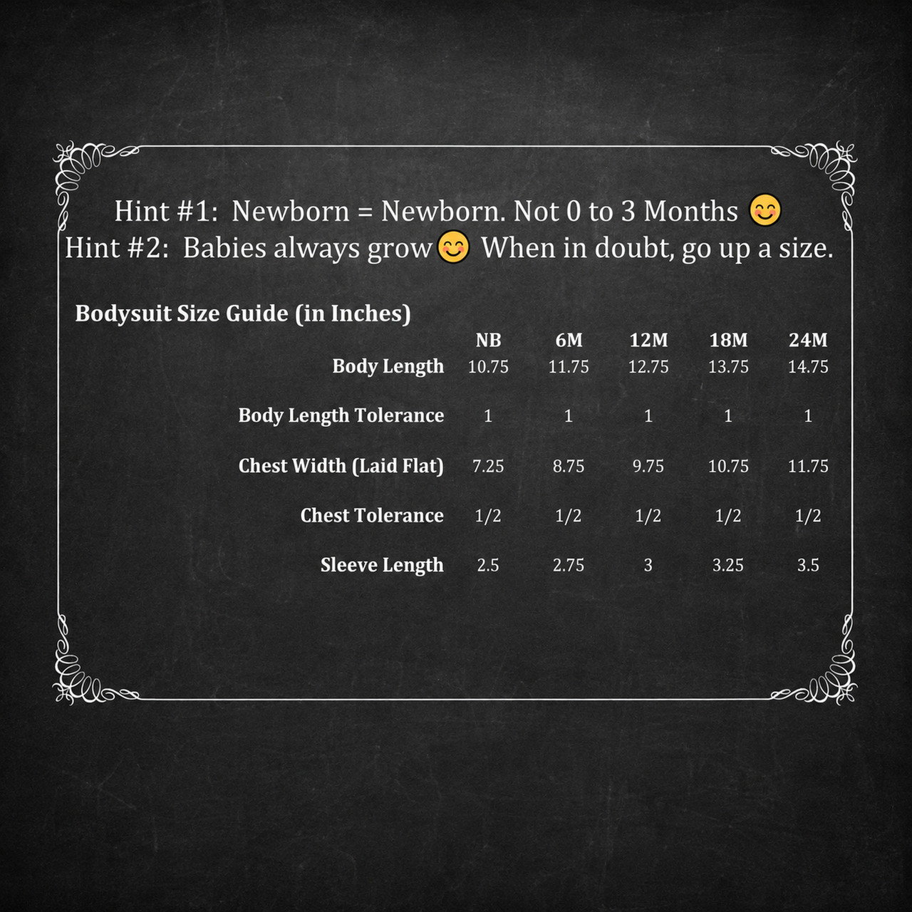 Mari Kyrios baby bodysuit size guide