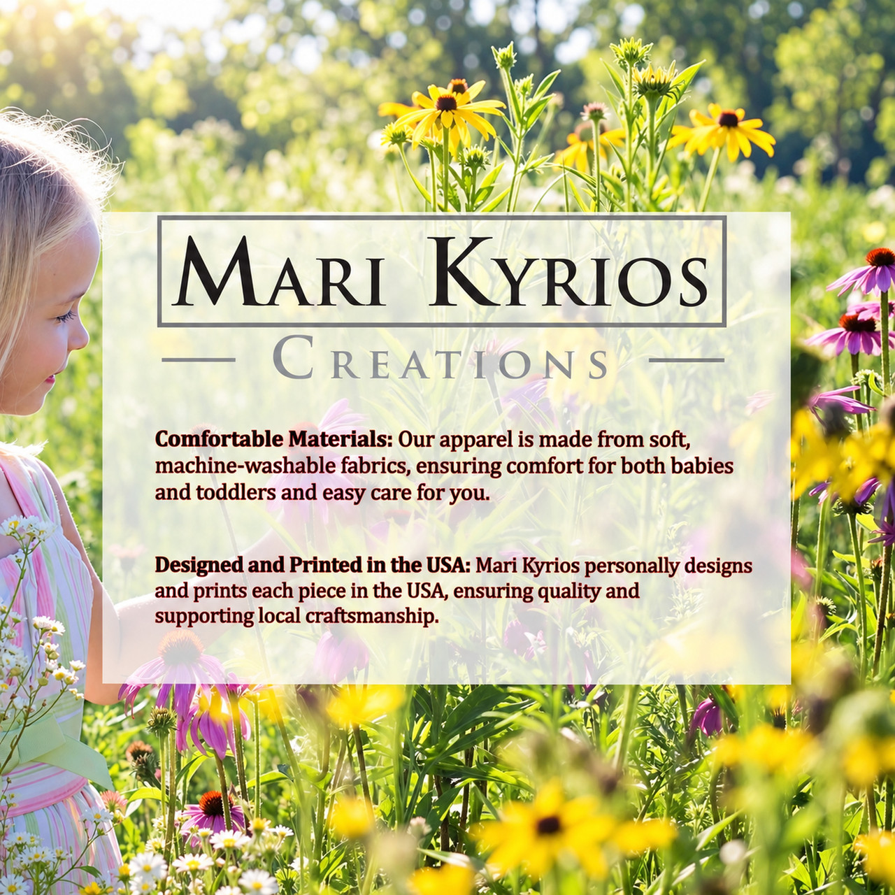 Mari Kyrios apparel promotional graphic with girl and flowers theme