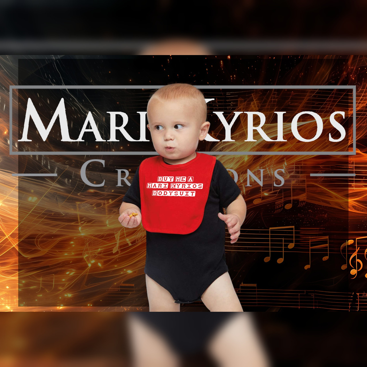 Mari Kyrios baby bodysuit promotional graphic