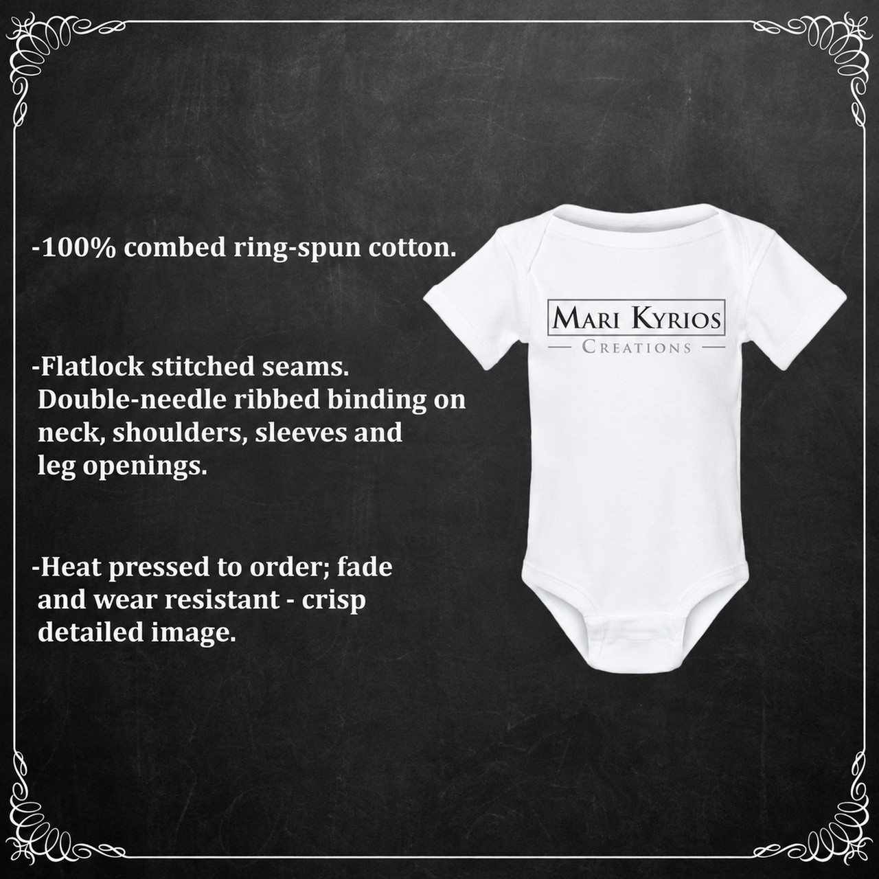 Mari Kyrios baby bodysuit specifications