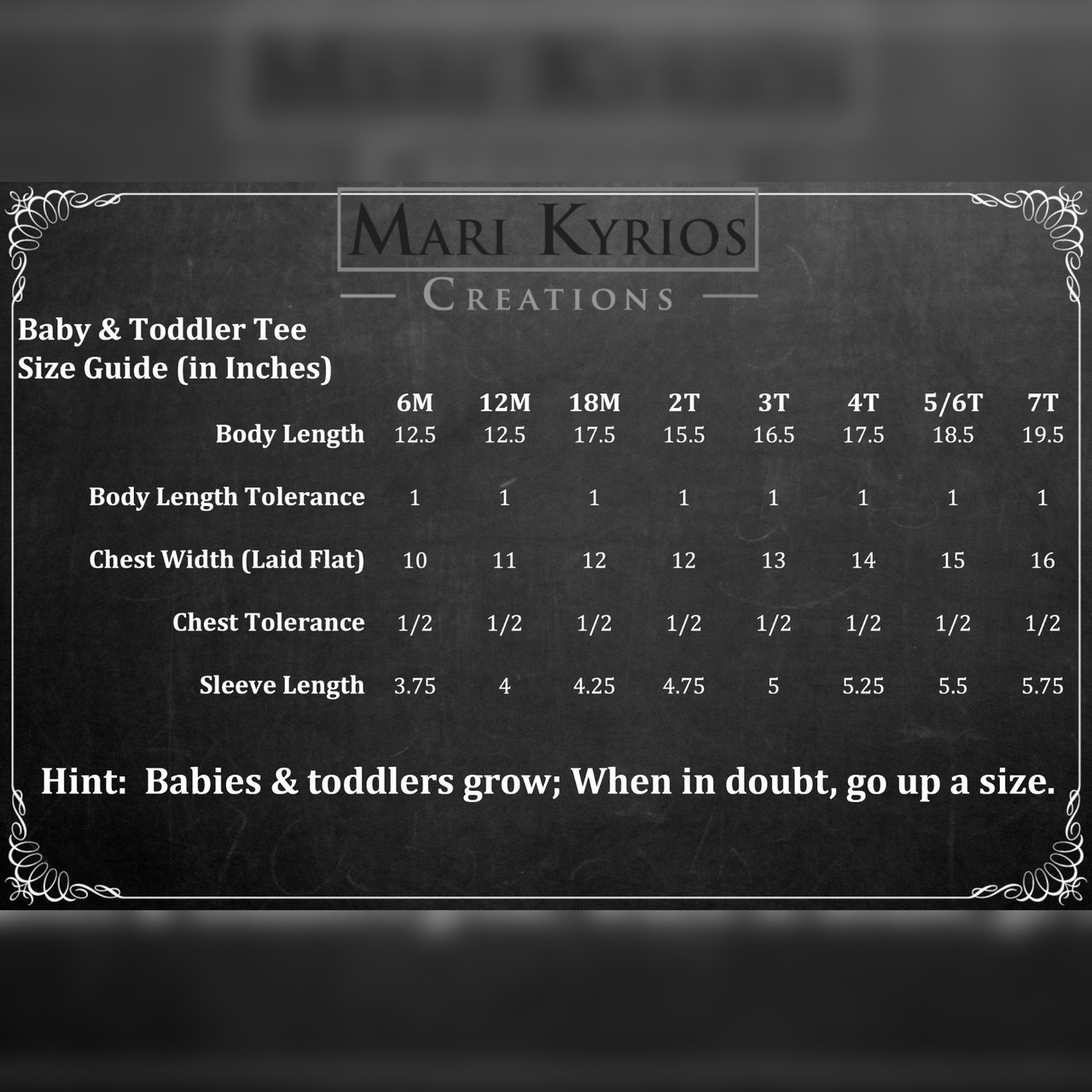 Mari Kyrios baby and child t-shirt size guide