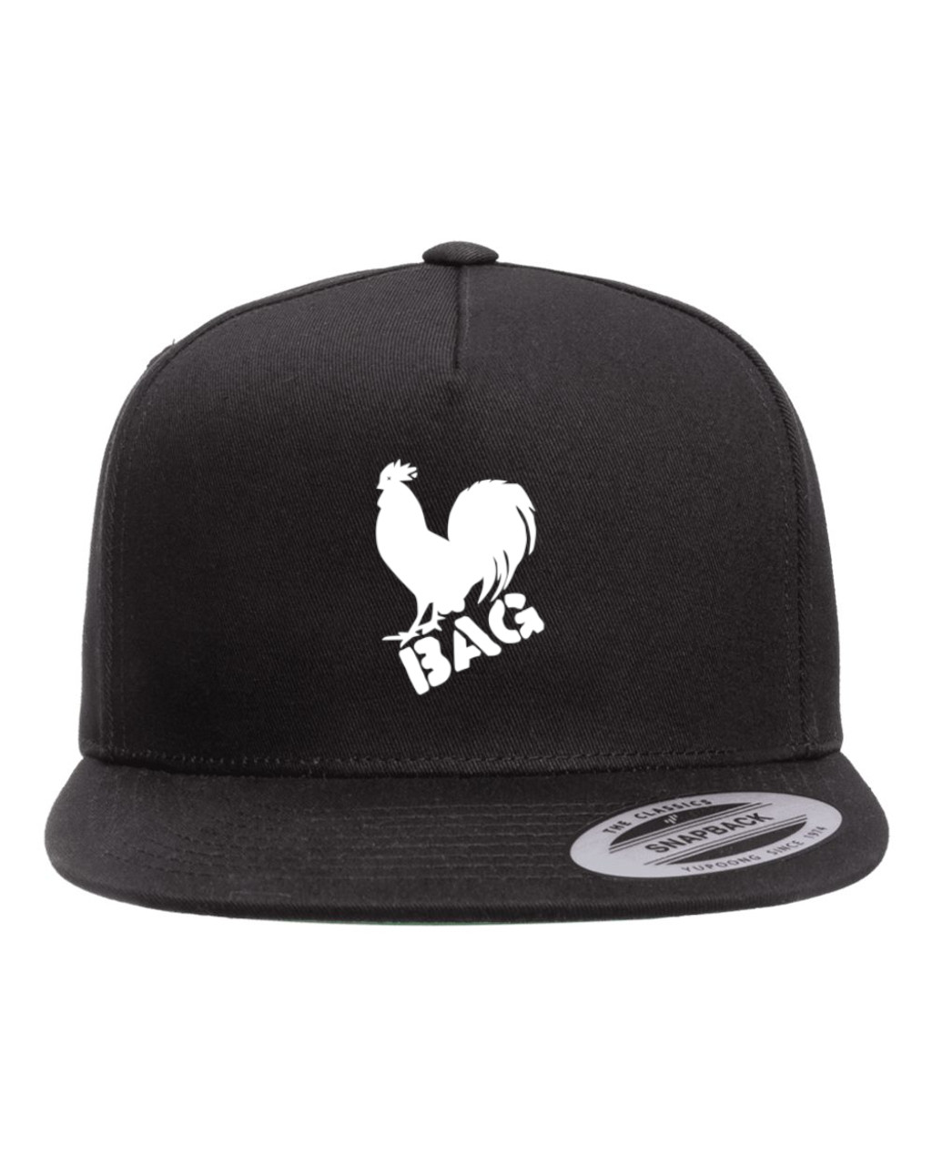 Cock Bag Original Heat Pressed Sack Logo Flat Bill Hat - Adult Black Twill Snap Back Adjustable Cap