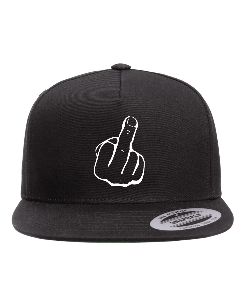 Middle Finger Original Heat Pressed Flat Bill Hat - Adult Black Twill Snap Back Adjustable Cap