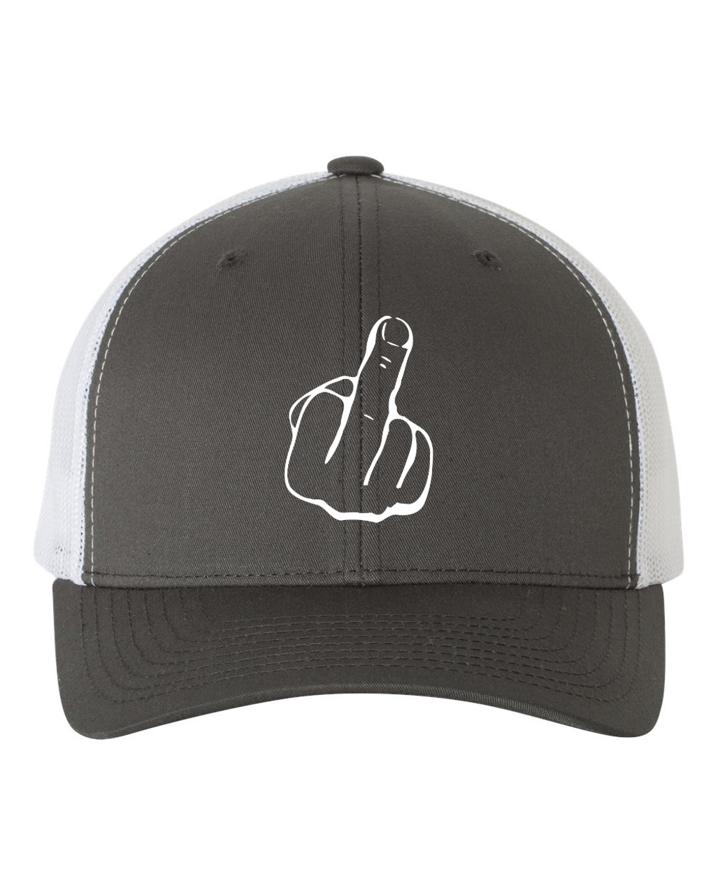 Middle Finger Original Heat Pressed Grey on White Curved Bill Hat - Adult Mesh Trucker Snap Back Cap