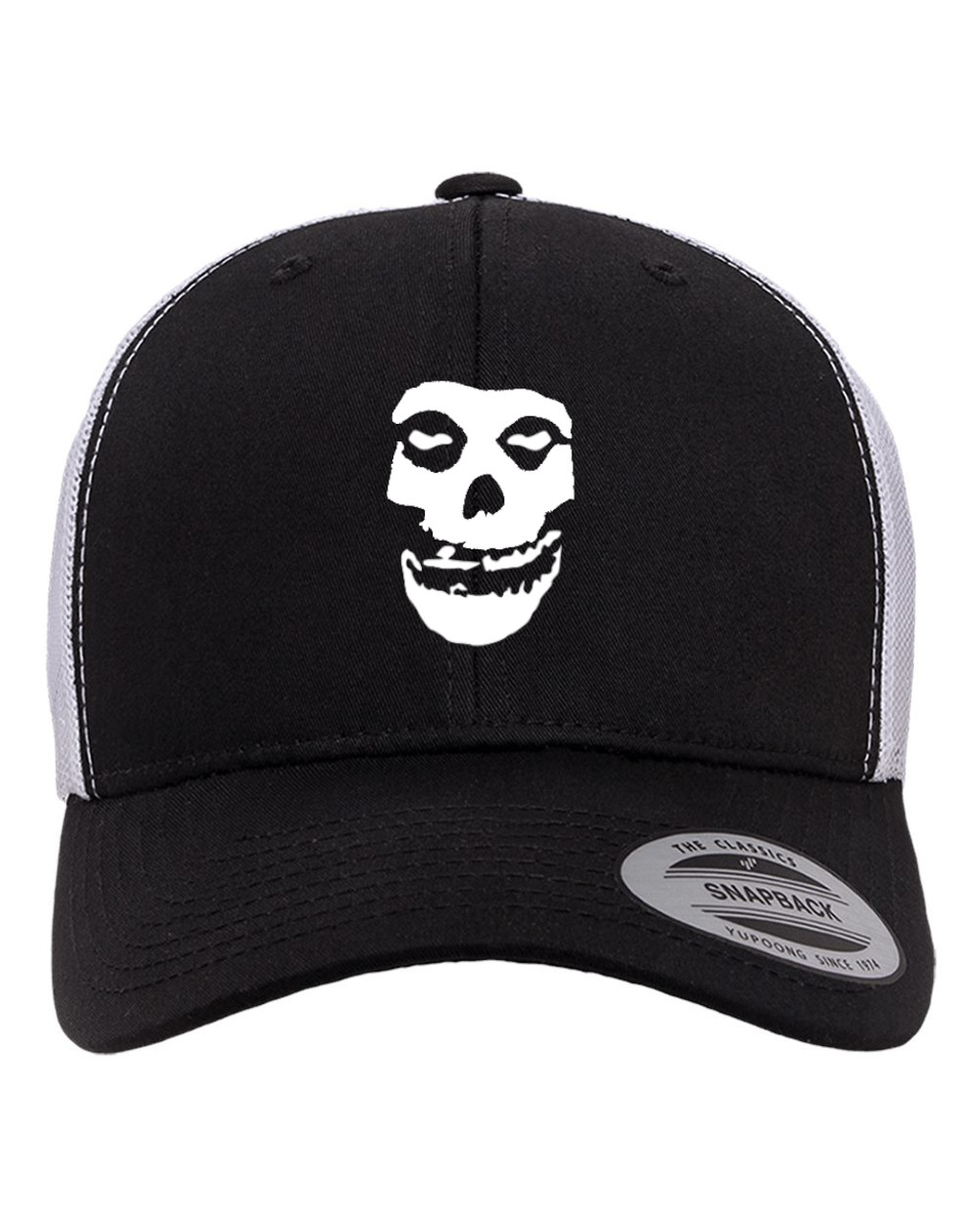 Misfit Heat Pressed Fiend Skull Black on White Curved Bill Hat - Adult Mesh Trucker Snap Back Cap