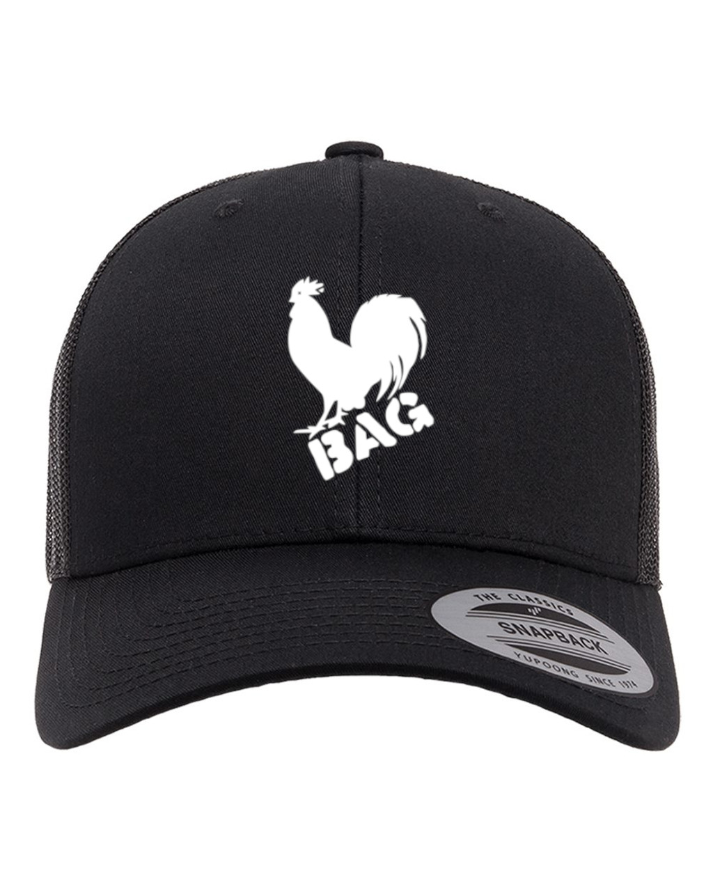 Cock Bag Original Heat Pressed Black on Black Curved Bill Hat - Adult Mesh Trucker Snap Back Cap