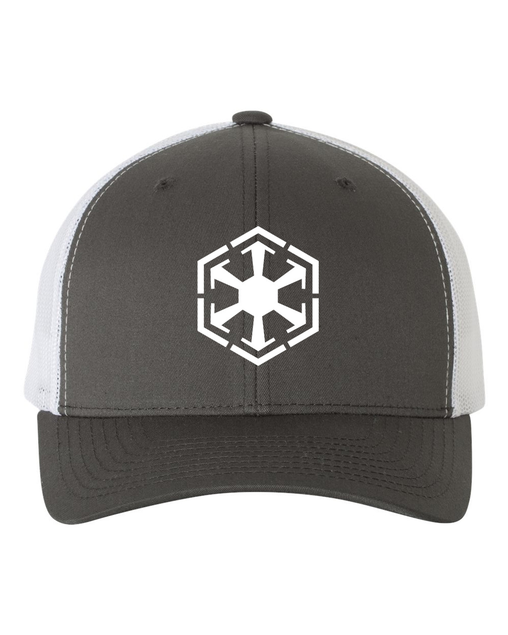 Star Force Sith Lord Dark Side Heat Pressed Grey on White Curved Bill Hat - Adult Mesh Trucker Snap Back Cap