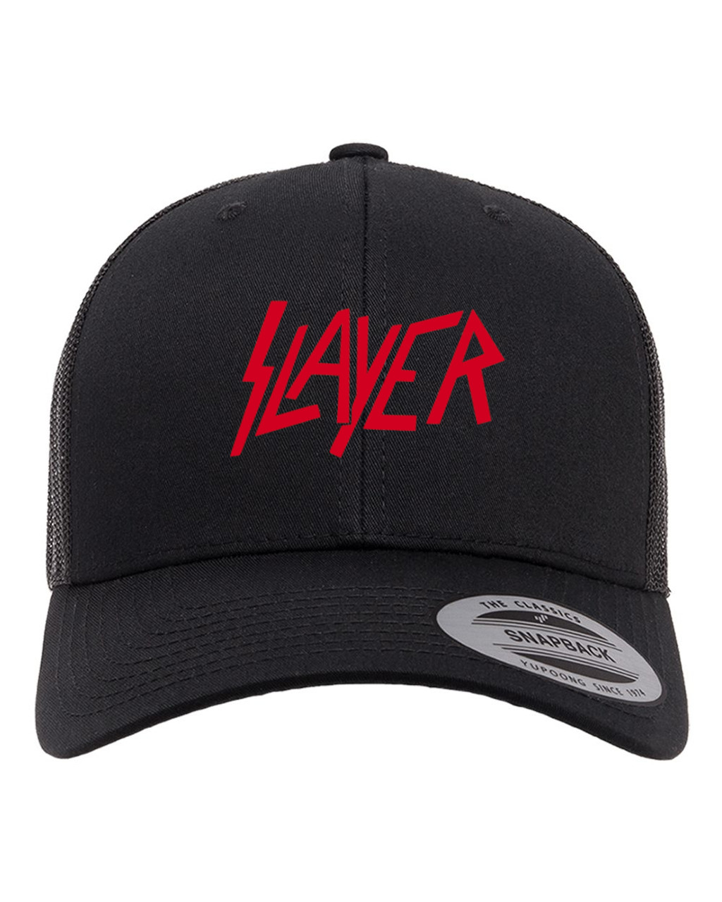 Slayer Thrash Metal Heat Heat Pressed Black on Black Curved Bill Hat - Adult Mesh Trucker Snap Back Cap