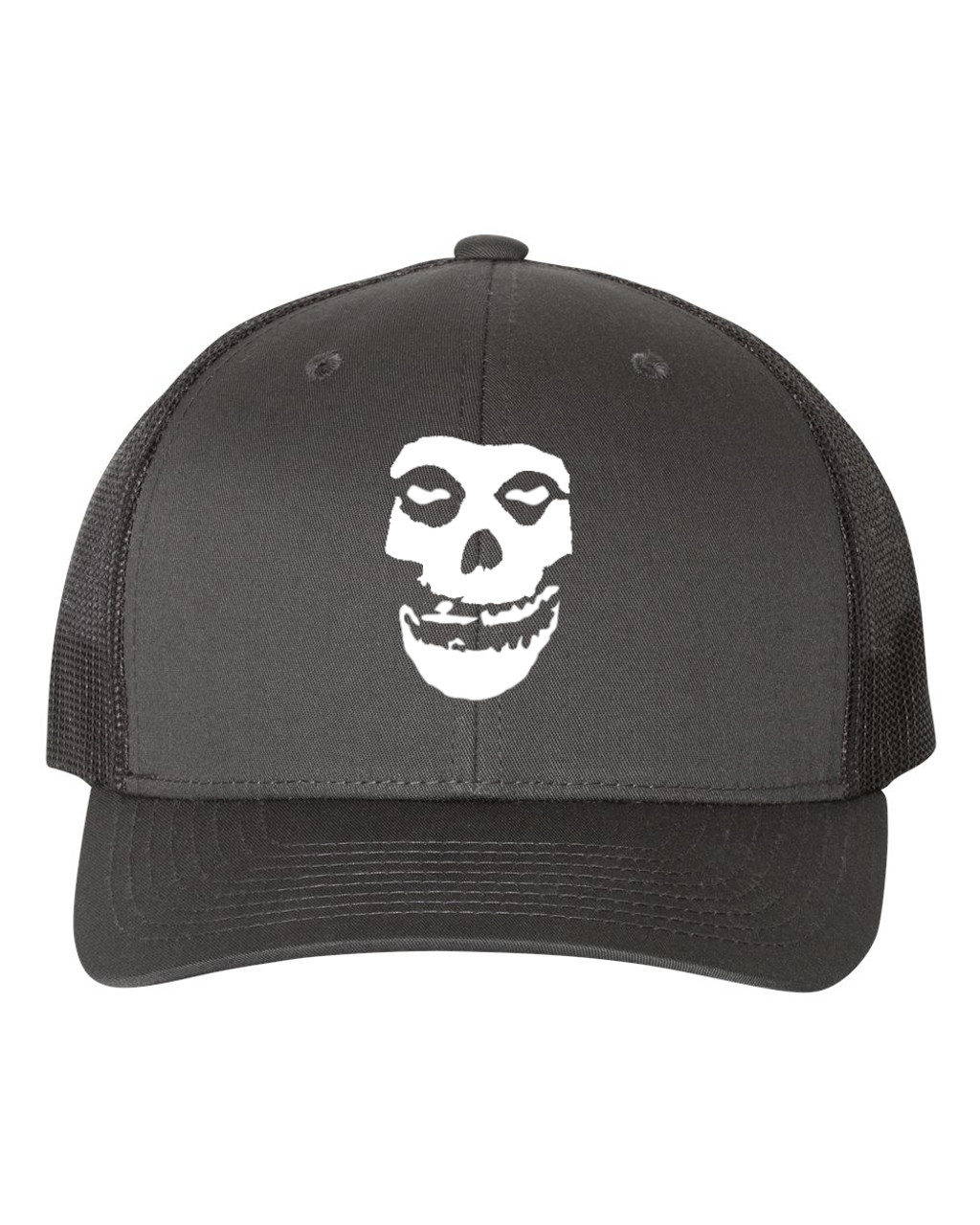 Misfit Heat Pressed Fiend Skull Grey on Black Curved Bill Hat - Adult Mesh Trucker Snap Back Cap