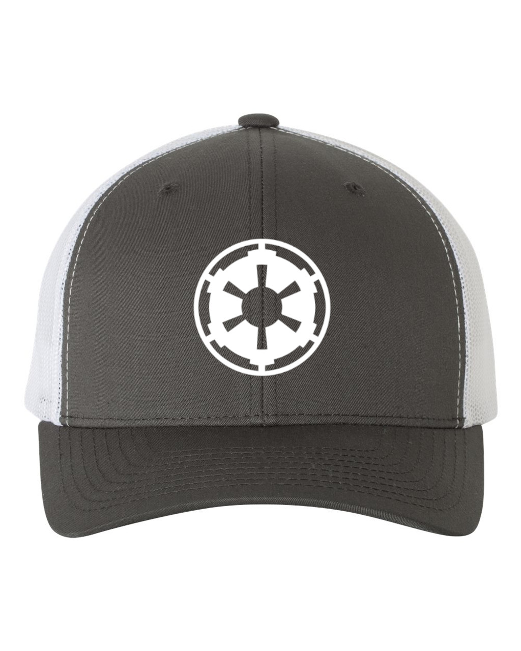 Star Force Imperial Cog Emblem Heat Pressed Grey on White Curved Bill Hat - Adult Mesh Trucker Snap Back Cap
