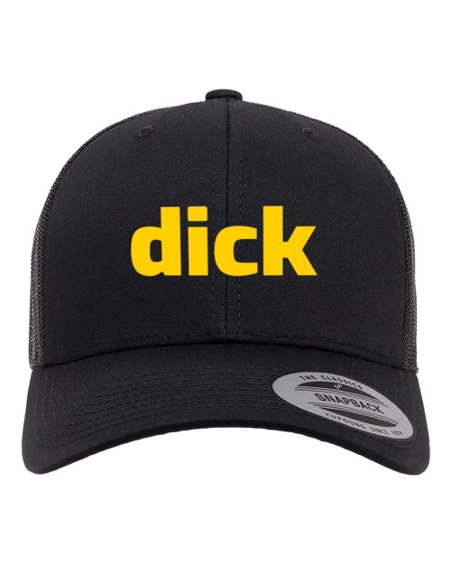 Dick in Yellow Heat Pressed Black on Black Curved Bill Hat - Adult Mesh Trucker Snap Back Cap