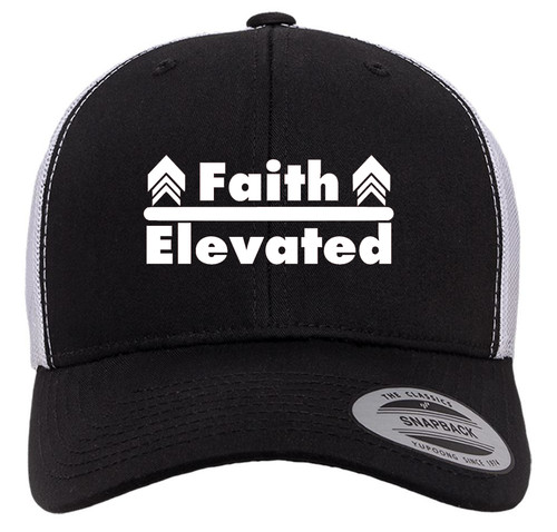 Faith Elevated Christian Heat Pressed Black on White Curved Bill Hat - Mesh Trucker Snapback Cap