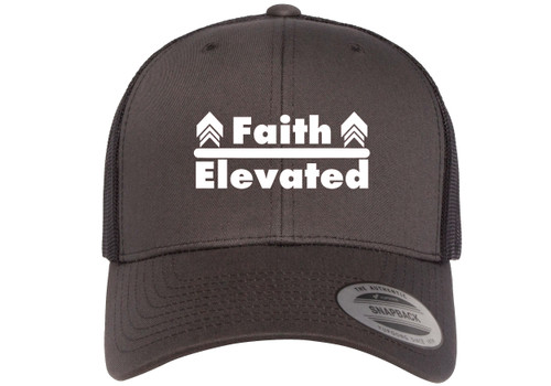 Faith Elevated Christian Heat Pressed Grey on Black Curved Bill Hat - Mesh Trucker Snapback Cap
