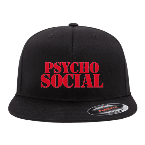 PsychoSocial Red Heat Pressed Slipknot Black Flat Bill Hat - Adult Flexfit Stretch Cap