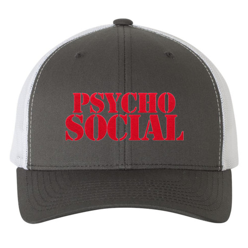 PsychoSocial Red Heat Pressed Slipknot Grey on White Curved Bill Hat - Adult Mesh Trucker Snapback Cap