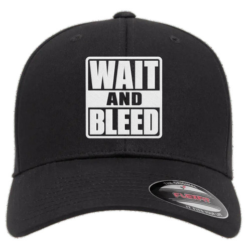 Wait and Bleed White Heat Pressed Slipknot Black Curved Bill Hat - Adult Flexfit Stretch Cap