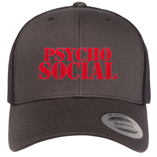 PsychoSocial Red Heat Pressed Slipknot Grey on Black Curved Bill Hat - Adult Mesh Trucker Snapback Cap