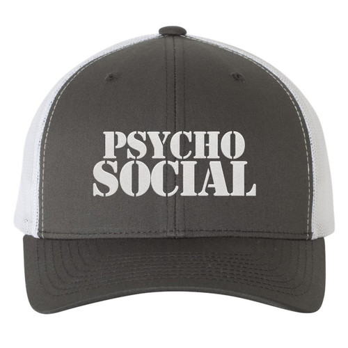 PsychoSocial White Heat Pressed Slipknot Grey on White Curved Bill Hat - Adult Mesh Trucker Snapback Cap