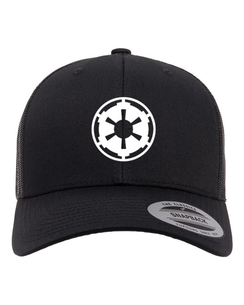 Star Force Imperial Cog Emblem Heat Pressed Black on Black Curved Bill Hat - Adult Mesh Trucker Snap Back Cap