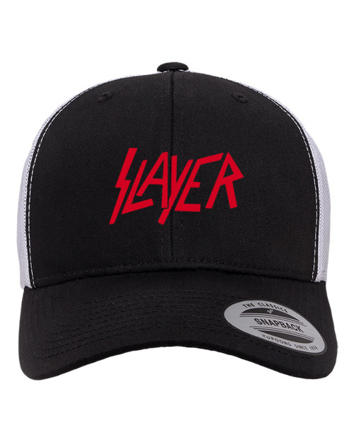 Slayer Thrash Metal Heat Heat Pressed Black on White Curved Bill Hat - Adult Mesh Trucker Snap Back Cap