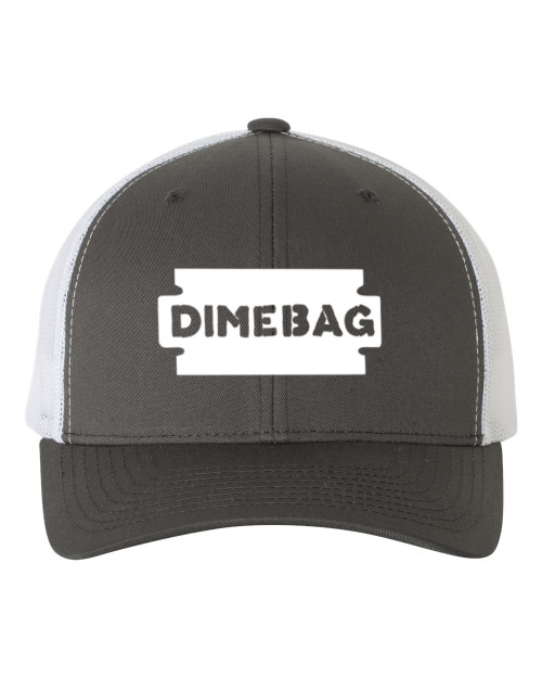 Dimebag Original Raxor Darrell Heat Pressed Grey on White Curved Bill Hat - Adult Mesh Trucker Snap Back Cap