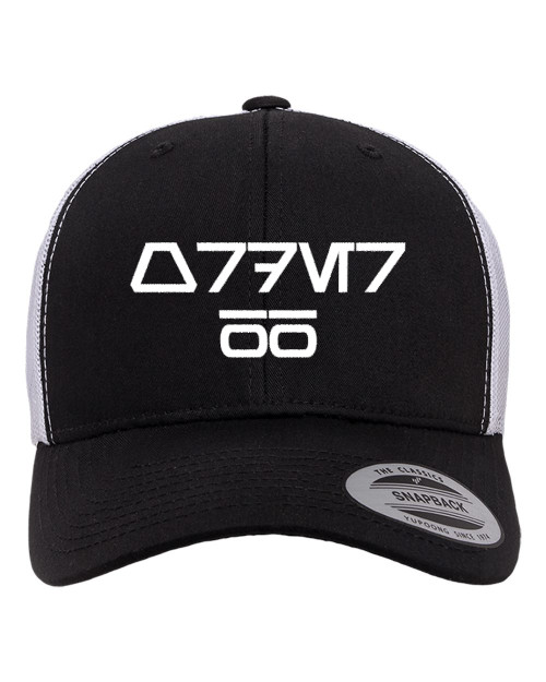 Star Force Order 66 AureBesh Font Heat Pressed Black on White Curved Bill Hat - Adult Mesh Trucker Snap Back Cap
