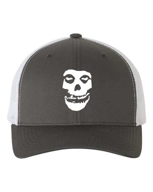 Misfit Heat Pressed Fiend Skull Grey on White Curved Bill Hat - Adult Mesh Trucker Snap Back Cap