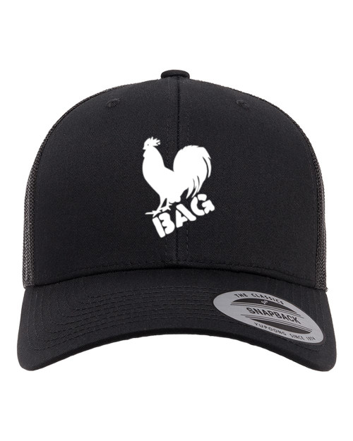 Cock Bag Original Heat Pressed Black on Black Curved Bill Hat - Adult Mesh Trucker Snap Back Cap