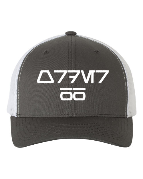 Star Force Order 66 AureBesh Font Heat Pressed Grey on White Curved Bill Hat - Adult Mesh Trucker Snap Back Cap