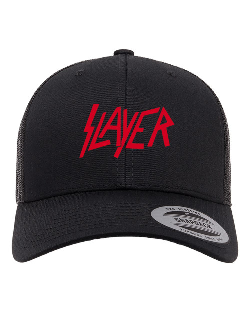 Slayer Thrash Metal Heat Heat Pressed Black on Black Curved Bill Hat - Adult Mesh Trucker Snap Back Cap