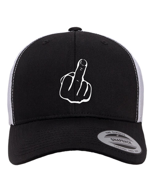 Middle Finger Original Heat Pressed Black on White Curved Bill Hat - Adult Mesh Trucker Snap Back Cap